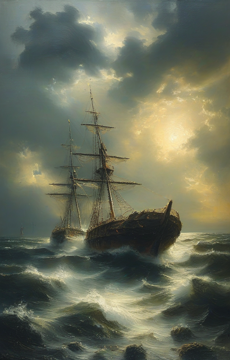 masterpiece,best quality,<lora:tbh102-sdxl:0.8>,oil painting,illustration,ship,ocean,style of Andreas Achenbach,