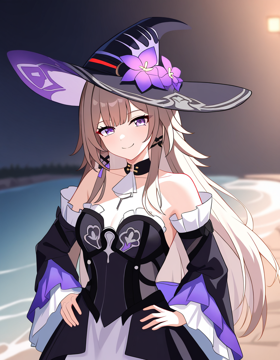 masterpiece, best quality, newest, absurdres, highres, safe,, <lora:the-herta-illustriousxl-lora-nochekaiser:1>, the herta, the herta (honkai: star rail), brown hair, long hair, purple eyes, medium breasts,, bare shoulders, black dress, black hat, detached sleeves, hat, hat flower, hat ornament, long sleeves, pantyhose, witch hat, river, flowing, fish, banks, current, , smug, hands on own hip, looking at viewer, solo,, cowboy shot, solo