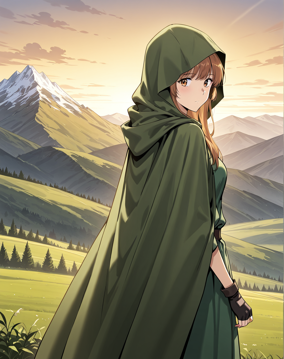 <lora:Demera illumi:1>
1 girl, solo, long hair, brown hair, bangs, brown eyes
green dress, bracelete, hood, hood up, cloak, hooded cloak, fingerless gloves
score_9, score_8_up, score_7_up, source anime, BREAK,  cowboy shot, (from side), looking back, looking at viewer, overlooking mountain, high altitude, scenery, exterior, background, (solo), perfect hands