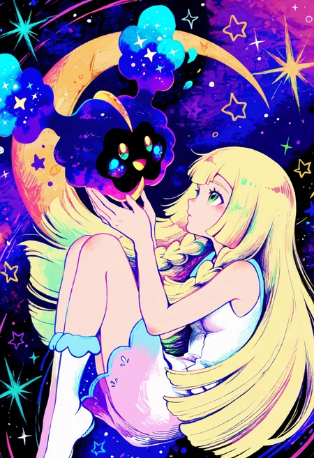 <lora:Style_OtonohaAika:1>, colorful, hatching \(texture\), star \(symbol\), crescent, 1girl, lillie \(pokemon\), abstract background, cupping hands, from side, floating, fetal position, green eyes, cosmog, looking up, masterpiece, best quality