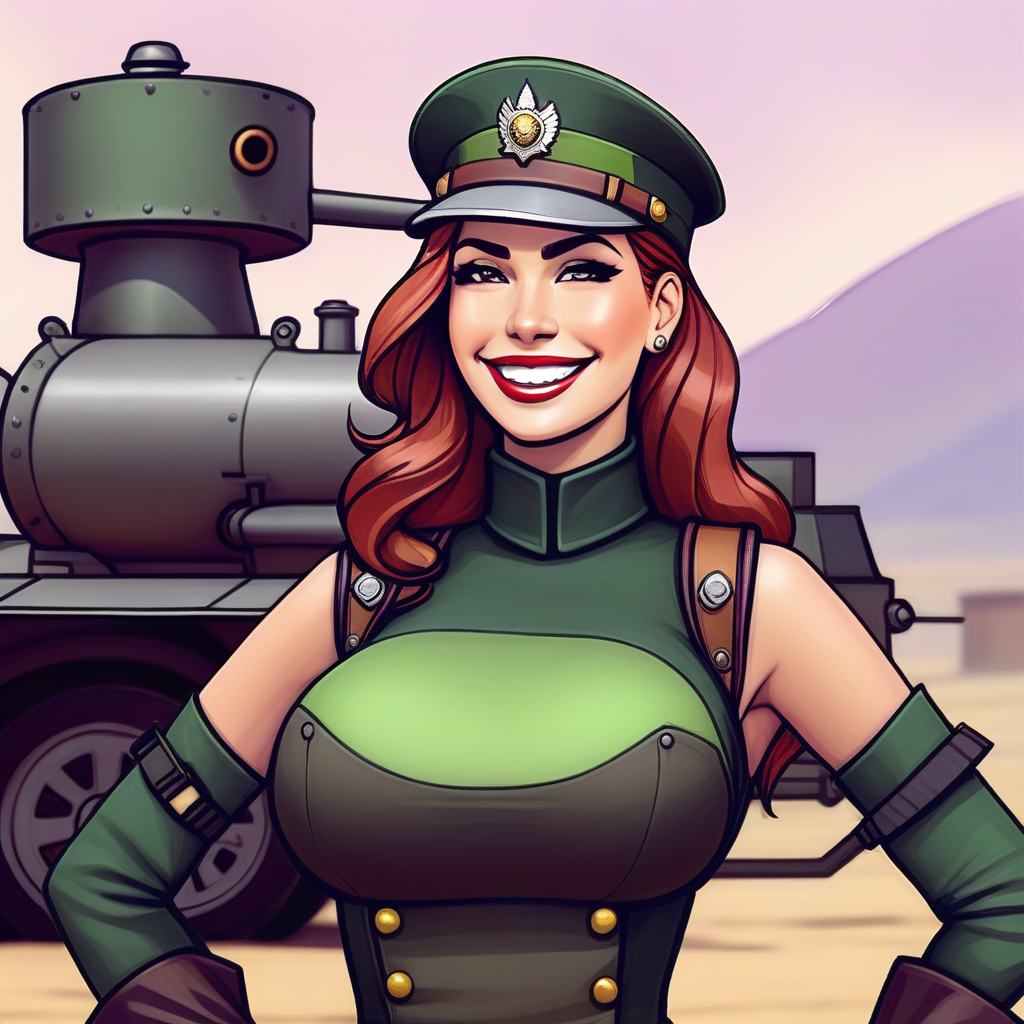 <lora:westernvisualnovel style e12:0.8> westernvisualnovel style, beautiful smiling woman  posing as a world war 2 diesel punk army officer