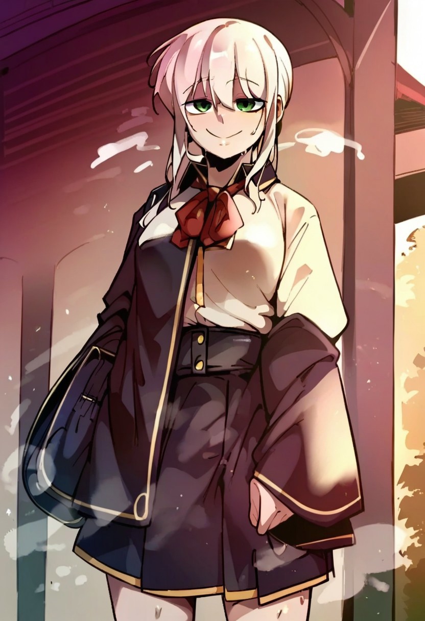 score_9, score_8_up, score_7_up, score_6_up, source_anime, rating_explicit, 1girl, solo, medium breasts, cleavage, smile, Narrow shoulders, heavy breathing, steaming body, looking at viewer, standing, curvy, EvangelineCross, green eyes, white hair, long hair, school uniform, doppel style, negative_hand