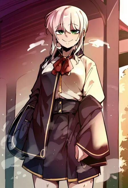 score_9, score_8_up, score_7_up, score_6_up, source_anime, rating_explicit, 1girl, solo, medium breasts, cleavage, smile, Narrow shoulders, heavy breathing, steaming body, looking at viewer, standing, curvy, EvangelineCross, green eyes, white hair, long hair, school uniform, doppel style, negative_hand