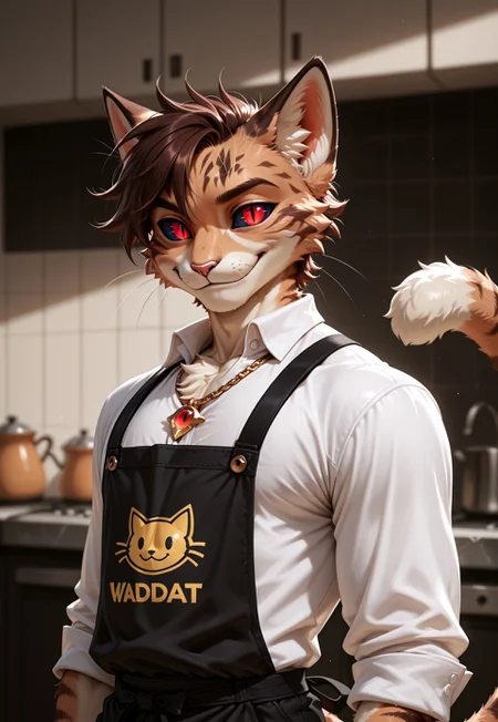 masterpiece, best quality, very aesthetic, absurdres, VD1F4NT4, 1boy, furry, male focus, animal ears, furry male, red eyes, solo, tail, blurry background, necklace, jewelry, blurry, shirt, colored sclera, cat boy, cat ears, looking at viewer, suspenders, white shirt, smile, cat tail, whiskers, collared shirt, slit pupils, upper body, brown hair, apron