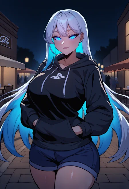 masterpiece, best quality, newest, absurdres, highres, Plysttn, multicolored hair, blue hair, white hair, two-tone hair, colored inner hair, blue eyes, large breasts, <lora:Playstationchan_illusXLNoobAI_Incrs_v1-000008:1>,
black hoodie, shorts, outdoors, seductive smile, hands in pockets, logo, cafe, street, night, high contrast, dark, glowing eyes,