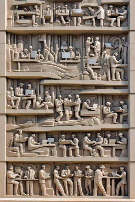 <lora:BAS-RELIEF:1>BAS-RELIEF - modern government building with sculptural relief of modern people working on computers