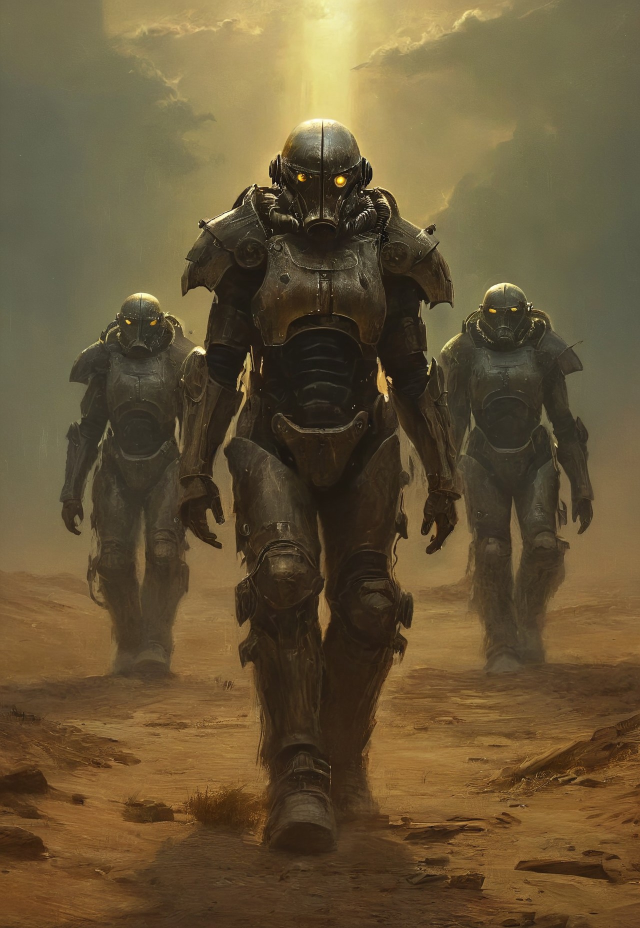 Four soldiers in power armor travelers in the post-apocalyptic desert,fallout universe,alienscape,glossy armor,intricate design,massive armor,corrupted neverland,dramatic sky, dust,wind, bleak,glow,flickering, dark art, dim light,strong single light beams reflects on their armor, somber, dramatic, detailed,science fiction,distopia,horror theme,futuristic, technology,atompunk,dying world of our hopes,poignant atmosphere,dramatic,thrilling,decay,best quality,masterpiece,dynamic composition,color contrast,primary colors,no gradients,close-up