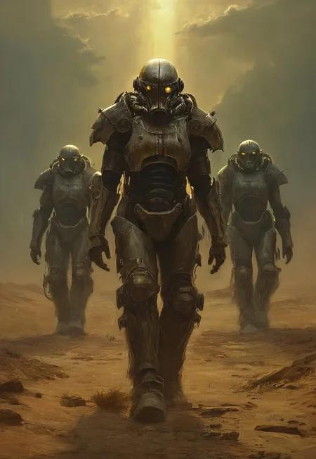 Four soldiers in power armor travelers in the post-apocalyptic desert,fallout universe,alienscape,glossy armor,intricate design,massive armor,corrupted neverland,dramatic sky, dust,wind, bleak,glow,flickering, dark art, dim light,strong single light beams reflects on their armor, somber, dramatic, detailed,science fiction,distopia,horror theme,futuristic, technology,atompunk,dying world of our hopes,poignant atmosphere,dramatic,thrilling,decay,best quality,masterpiece,dynamic composition,color contrast,primary colors,no gradients,close-up