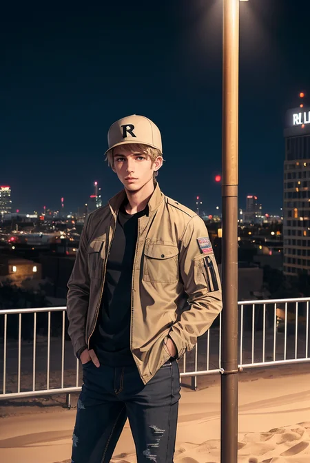 (masterpiece, best quality, high quality, highres, ultra-detailed), city, scenery, night, building, sign, cityscape, pantyhose, skyscraper, street lights,
solo, 1boy, gray eyes, short Crew Cut, sand blonde hair, triangular face, looking at viewer, outdoors, hands in pockets, khaki jacket, black loose jeans, black baseball cap,
AS-Adult, Asian-Less, OverallDetail,