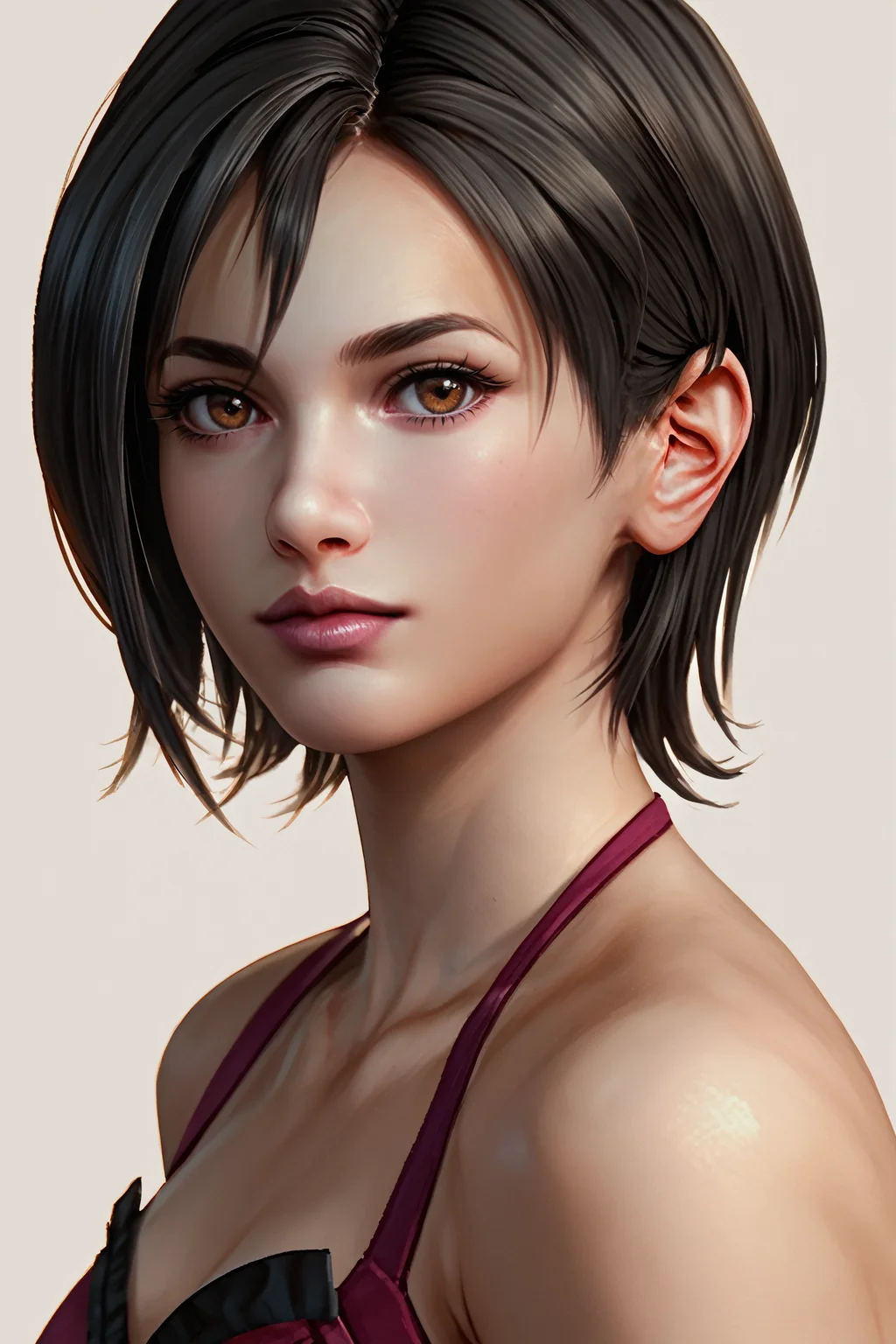 score_9, score_8_up, score_7_up, score_6_up
<lora:RE4Ada:1.0>
RE4Ada, 1girl, black hair, short hair, brown eyes, looking at viewer, simple background, portrait