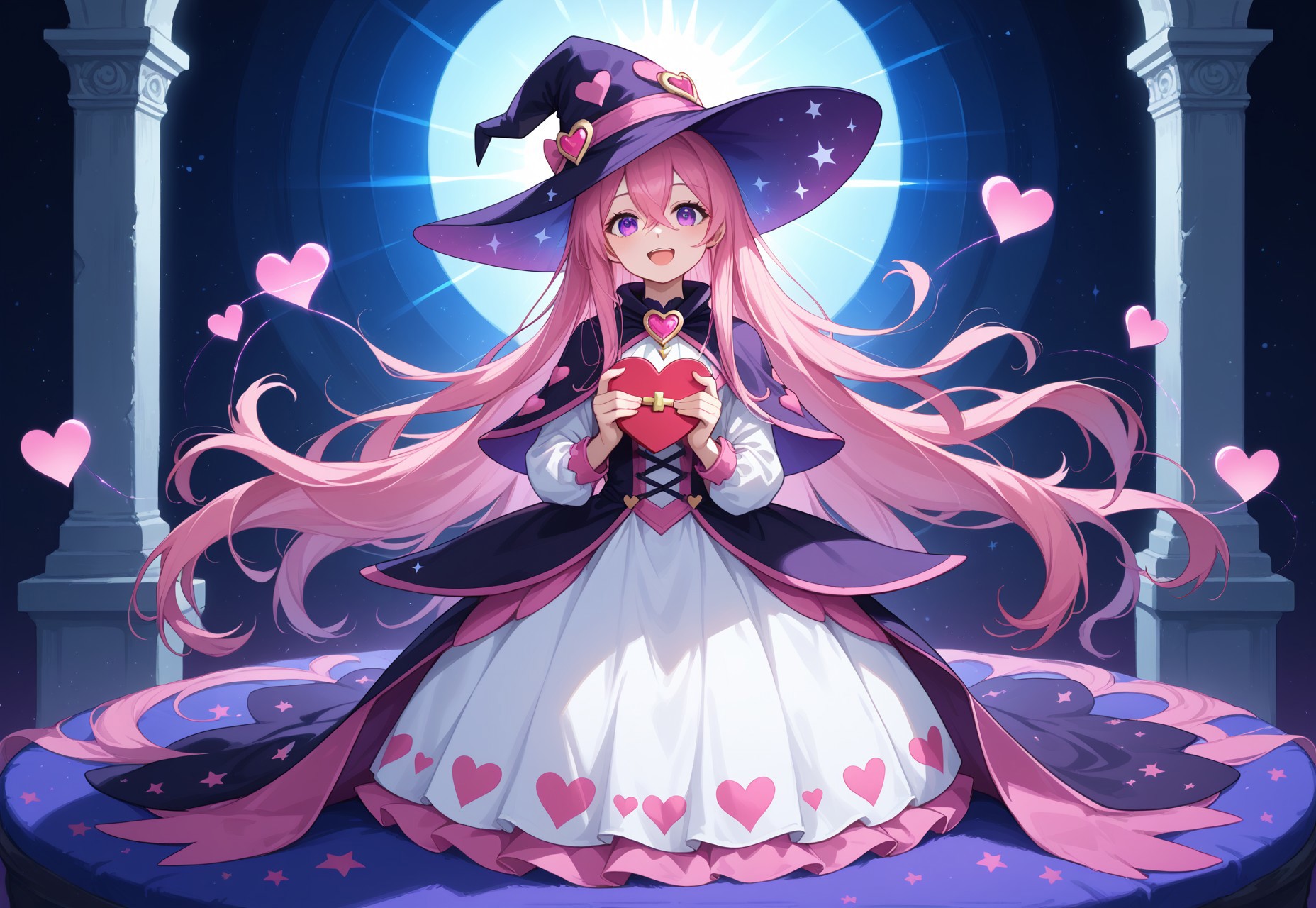 score_9, score_8_up, score_7_up, source_anime, ne0nfant4sy, masterpiece, best quality, very aesthetic, full body, 1girl, 25yrs old, woman, witch, pink hair, purple eyes, long hair, hair between eyes, very long hair, pink wizard hat, pink and white dress, heart pattern, cute fashion, smiling, mouth open, pink bedroom, sun light rays, contrast lighting, holding a wand, valentines day theme, cute bedroom,