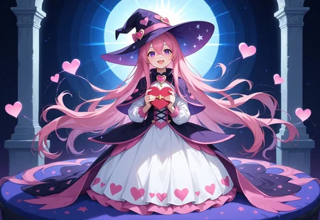 score_9, score_8_up, score_7_up, source_anime, ne0nfant4sy, masterpiece, best quality, very aesthetic, full body, 1girl, 25yrs old, woman, witch, pink hair, purple eyes, long hair, hair between eyes, very long hair, pink wizard hat, pink and white dress, heart pattern, cute fashion, smiling, mouth open, pink bedroom, sun light rays, contrast lighting, holding a wand, valentines day theme, cute bedroom,