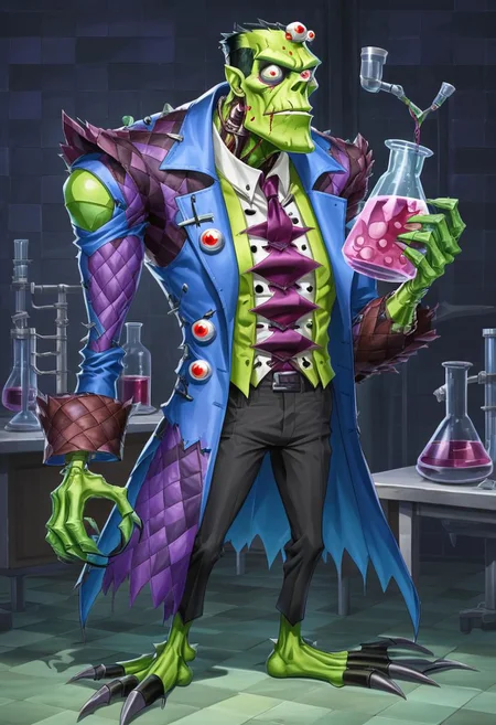 a skinny fleshmutant frankenstein's monster covered in eyes holding a beaker inside of a laboratory,patchwork creature,patchwork skin,full body,2d,anime