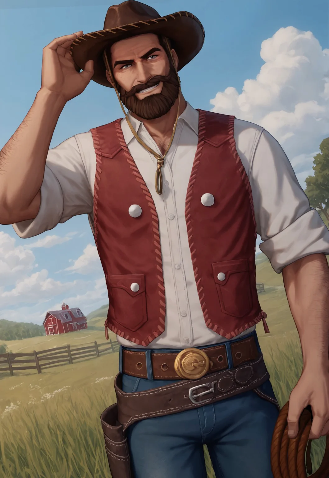 score_9, score_8_up, Ch0c0b0Sam, short hair, brown hair, gray eyes, beard, mustache, mature male, muscular, brown cowboy hat with chin strap, red vest, white shirt, sleeves rolled up, belt, holster, frayed blue jeans, looking at viewer, smile, dynamic pose, detailed background, dutch angle, upper body, cowboy shot, blue sky, clouds, trees, farm, gust of wind, (tipping hat), hand grabbing hat, holding a whip, hairy arms,