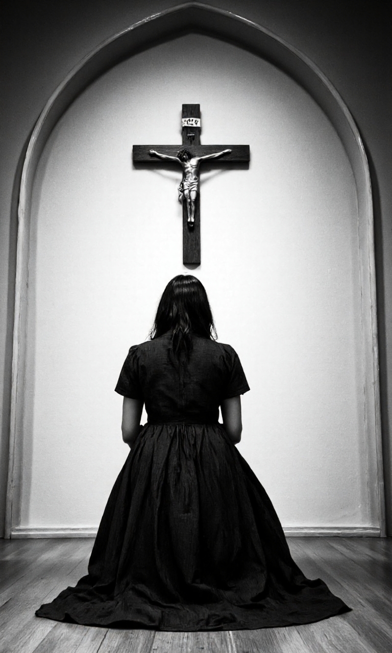 black-and-white photograph captures a solemn scene in a dimly lit room. At the center of the image, a person is kneeling on the floor, facing a crucifix mounted on the wall. The individual, whose head is bowed, is dressed in a long, dark dress with a high neckline, suggesting a historical or religious setting. The dress has a slightly textured fabric, possibly made of cotton or a similar material. The person's hair is not visible, adding to the sense of anonymity and introspection.
The background consists of a plain, light-colored wall with a subtle arch at the top, creating a sense of enclosure. The wall is smooth, without any visible texture or decorations. The floor is wooden, adding a warm tone to the otherwise stark environment. The lighting is soft and diffused, casting gentle shadows that enhance the dramatic effect of the image. The overall mood is somber and contemplative, evoking themes of faith, devotion, or personal reflection. The photograph's monochromatic palette emphasizes the stark contrasts and highlights the textures and shapes, making the image feel timeless and emotionally charged., aidmaimageupgrader, aidmaMJ6.1