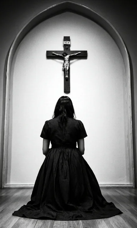 black-and-white photograph captures a solemn scene in a dimly lit room. At the center of the image, a person is kneeling on the floor, facing a crucifix mounted on the wall. The individual, whose head is bowed, is dressed in a long, dark dress with a high neckline, suggesting a historical or religious setting. The dress has a slightly textured fabric, possibly made of cotton or a similar material. The person's hair is not visible, adding to the sense of anonymity and introspection.
The background consists of a plain, light-colored wall with a subtle arch at the top, creating a sense of enclosure. The wall is smooth, without any visible texture or decorations. The floor is wooden, adding a warm tone to the otherwise stark environment. The lighting is soft and diffused, casting gentle shadows that enhance the dramatic effect of the image. The overall mood is somber and contemplative, evoking themes of faith, devotion, or personal reflection. The photograph's monochromatic palette emphasizes the stark contrasts and highlights the textures and shapes, making the image feel timeless and emotionally charged., aidmaimageupgrader, aidmaMJ6.1