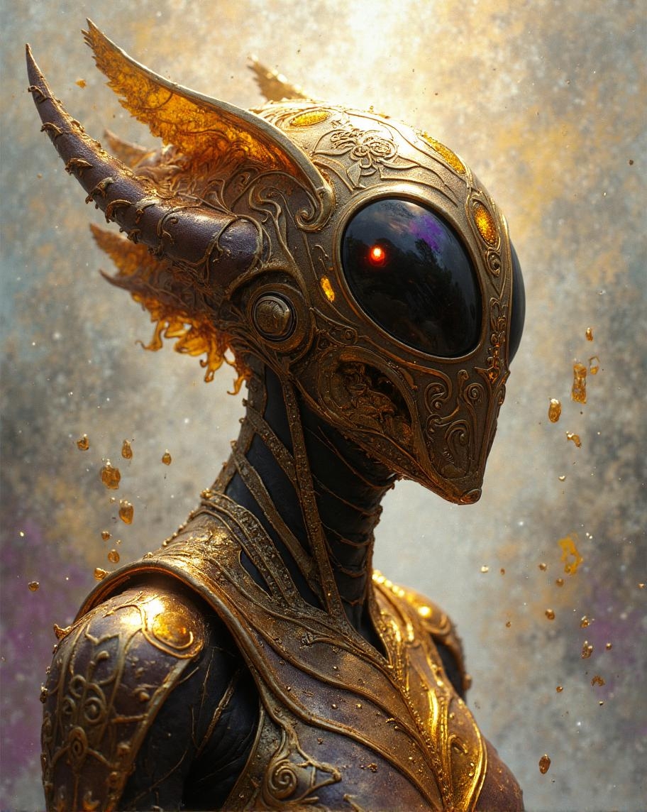 <lora:Nature_HDR_test2.safetensors:1>
In the luminous heart of a surreal dreamscape, the creature's head towers, a masterpiece of fine craftsmanship and organic fluidity. The helmet, a fusion of ancient and futuristic elements, shimmers with golden and bronze tones, intricately etched with swirling patterns that seem to dance in the ethereal light. The armor, though solid, appears to flow seamlessly, its fine metallic textures glinting like iridescent scales. The creature's eyes, insect-like and arresting, glint with a deep, fiery red, framed by delicate yellow accents that add a touch of warmth and vitality.
The headshot is a close-up of breathtaking detail, each element meticulously crafted. The helmet's visor, a dark, reflective surface, captures the surrounding abstract background, blending muted purples, oranges, yellows, and blues into a swirling, dreamlike tapestry. The background itself is a canvas of dynamic abstractions, with splashes and drips of color reminiscent of flowing watercolor, creating a sense of depth and motion.
Subtle, organic stains and textures further enhance the ethereal atmosphere, adding a whimsical yet elegant touch. The light, strategically applied, casts a soft, otherworldly glow, illuminating the creature's features and casting delicate shadows that bring the scene to life. The overall mood is one of enchantment, where the boundaries between reality and fantasy blur, evoking a sense of wonder and serene beauty.