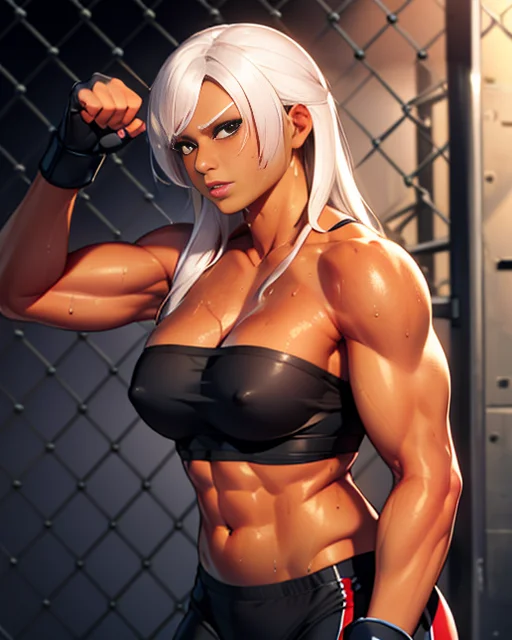Vannesa,white hair,dark-skinned female,brown eyes,toned, upper body, (dark skin), sweat, smiling, closed fists,
VnBla, (black strapless tube top), black bike shorts with red stripes,boots,collarbone,bare shoulders, fingerless gloves
Gym, steel cage,
(insanely detailed, beautiful detailed face, masterpiece, best quality)
<lora:Vannesa-10v3:0.7> (Realistic),