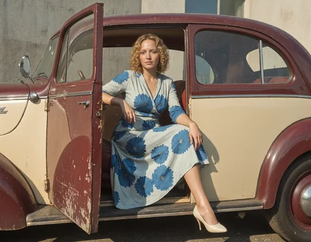 Rembrandt style This is a photograph featuring a young woman with curly blonde hair, sitting inside the open door of a vintage car. The car's exterior is a striking mix of cream and burgundy, with a polished chrome trim around the windows. The woman is wearing a light blue dress adorned with large, vibrant blue and white floral patterns. Her dress has a V-neckline and long sleeves, and she is wearing white, pointed-toe shoes. Her skin is fair, and she has a delicate, feminine build., 
She leans slightly forward, resting her left arm on the car door's edge, and her right hand is on her knee, giving her a relaxed yet poised posture. The background is a bit blurred, but it appears to be a modern building with a textured, light gray wall. The sunlight casts long shadows, indicating it is likely late afternoon. The textures of the car's interior are smooth and glossy, contrasting with the roughness of the pavement visible through the open door. The overall scene exudes a nostalgic, retro vibe, capturing a moment of casual elegance and timeless style., <lora:Soviet_Era_v2_realistic:0.5>, The AHGIS Image Style, Soviet era, USSR Retro, Soviet Union, scene of a sovet, Soviet futuristic, sovet, sovet style, <lora:Soviet_Era_AHS:0.5>, Soviet_Era_AHS, <lora:OBååå®èåç»V2.0:0.3>, <lora:Mezzotint_Artstyle_for_Flux_-_by_Ethanar:0.5>, <lora:Model_Character_Flux_BelleBartier_001:1> . Baroque, chiaroscuro, realistic, emotional, "flat lighting