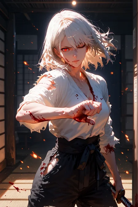 <lora:GEN 0.1v:0.8>,<lora:Expressive_H-000001>,<lora:modern_anime_screencap_v1_0:0.8>,source_anime,score_9,score_8_up,score_7_up,score_6_up,Cinematic Lighting,dark theme,dark background,low light,dojo,
1girl,solo,<lora:age_slider_v4:1.4>,adult,tall female,white hair,medium hair,bangs,full bangs,(messy hair:0.6),red eyes,pale skin,skindentation,petite,toned,(thick thighs:0.6),medium breasts,(angry:0.8),fighting stance,head tilt,dougi,holding katana,stance,torn clothes,black baggy pants,white top,blood,blood from eyes,one eye closed,crouch,glowing eye,blood flame,