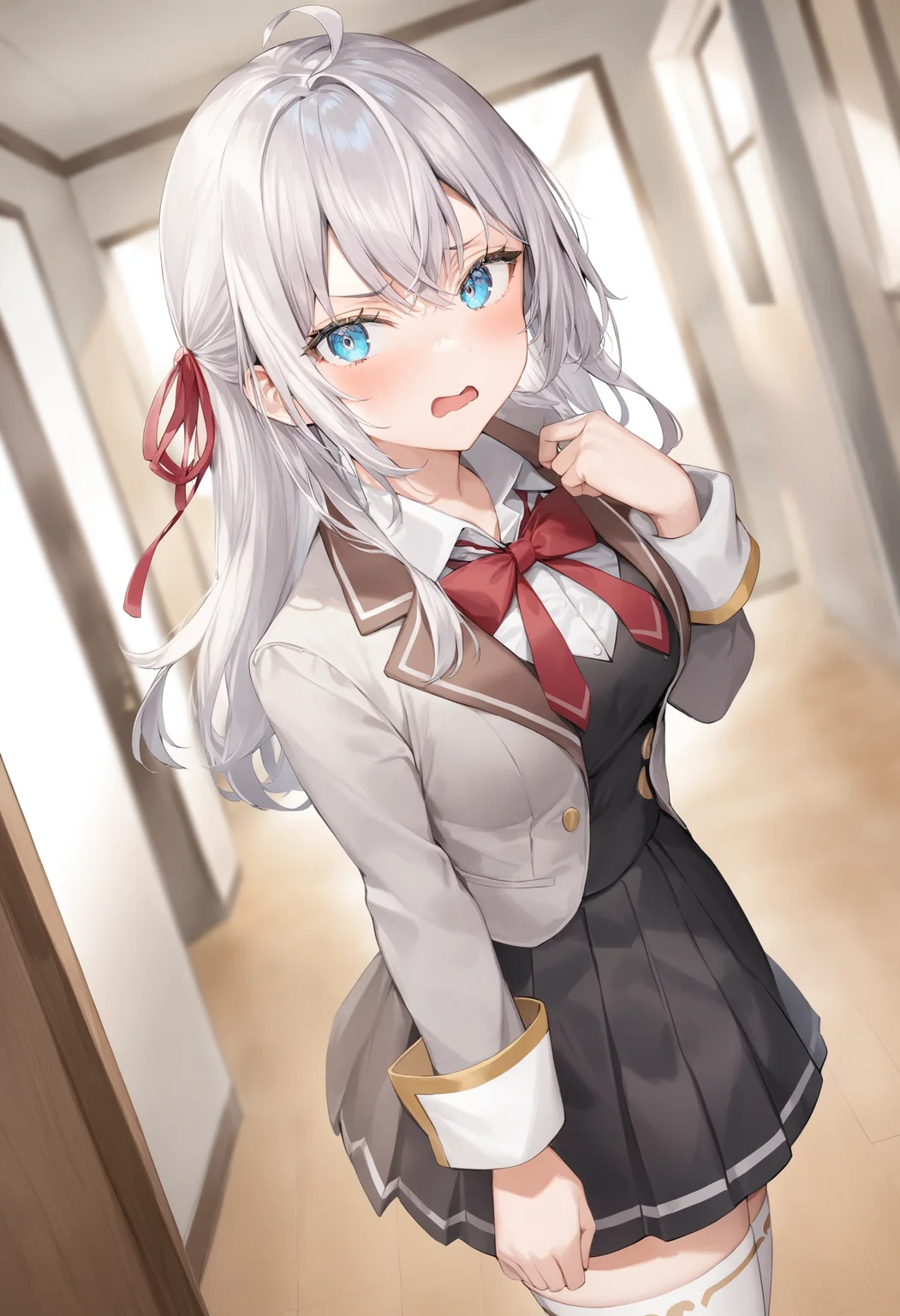 1girl, alisa mikhailovna kujou,tokidoki bosotto roshia-go de dereru tonari no arya-san,<lora:alisa_XL_v1:0.8>
solo, long hair, eyebrows visible through hair, hair between eyes, silver hair, hair ribbon, blue eyes, medium breasts, school uniform,white legwear,zettai ryouiki, long sleeves, jacket,
ceiling, portrait, looking at viewer, serious, corridor, open mouth,
best quality, very aesthetic, absurdres