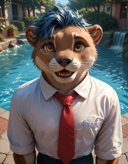 score_9, score_8_up, score_7_up, rating_safe, detailed, <lora:add-detail-xl:1.0>, solo, anthro, furry, <lora:ottis_the_otter_v1-09.safetensors:1.0>, (ott1s_the_0tter:1.1), 1boy, solo, male focus, clothing, joy, smile, open mouth, shirt, pants, red necktie, happy face (pov, standing looking forward hands-free, depressed, fountain sunlight morning night steam:1.15)