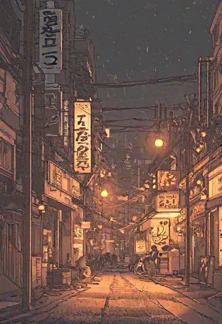 Lo-Fi background
Sketchy Lines
Limited Palette
Imperfections
Expressive Shapes
Muted Tones
Analogous Harmony
Textured Application
Distressed Textures
Low-Tech Materials
Digital Lo-Fi
Empty Street, convenience store ,dim light street light, black anime kitten cat crossing