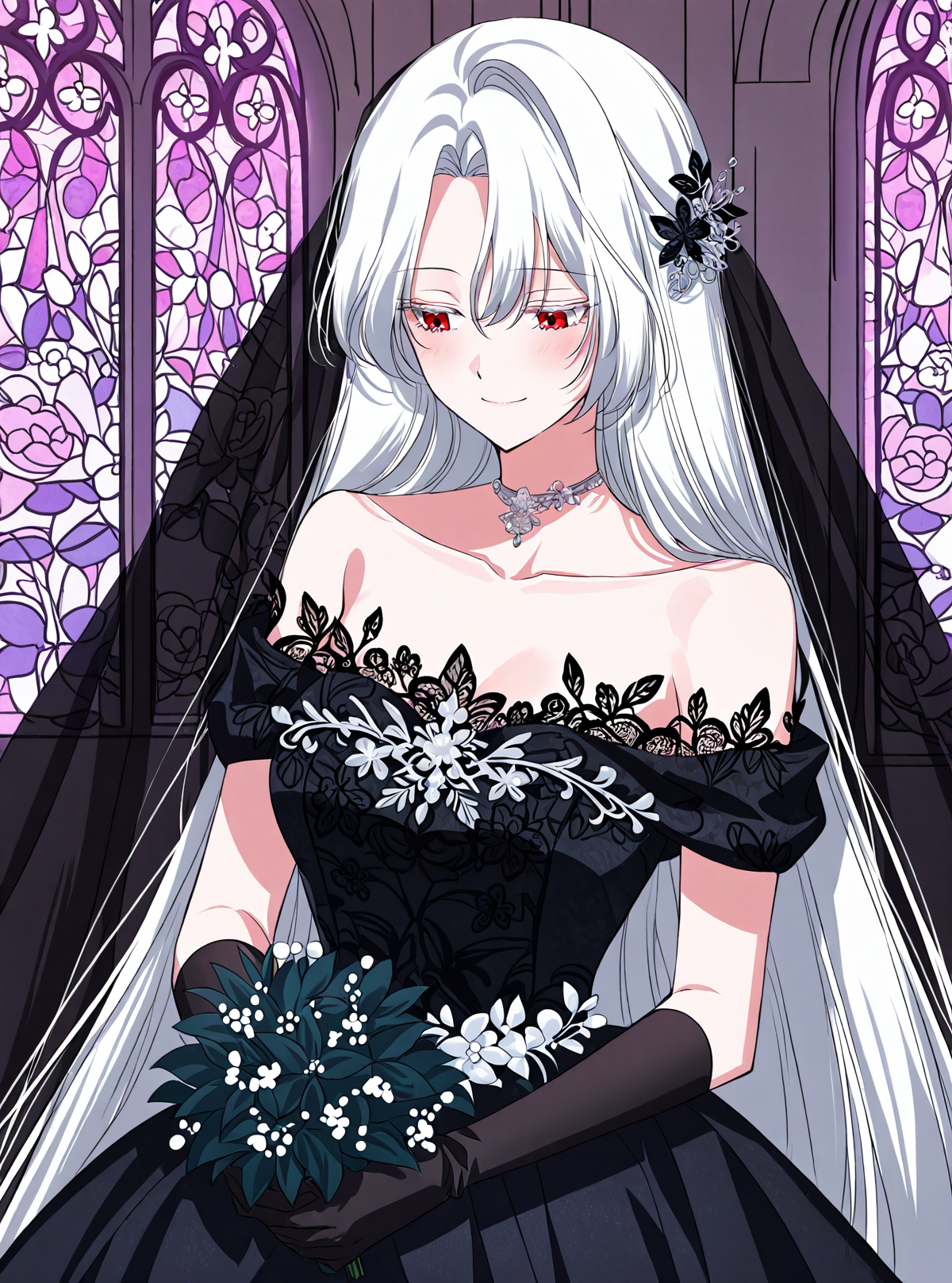<lora:Raviel_Ivansia__SSS_Class_Suicide_Hunter__Illustrious:1>
1 girl, solo, long hair, white hair, straight hair, red eyes,
black off-shoulder gown, lace embroidered dress, black floral patterns, sheer sleeves, long black gloves, black veil, side hair ornament, silver waistband, gothic jewelry, choker necklace, 
score_9, score_8_up, score_7_up, score_6_up, source_anime, holding a bridal bouquet with both hands in front of her body, serene and emotional expression, soft smile. Background of a flower garden at sunset or inside an elegant chapel with stained-glass lightin