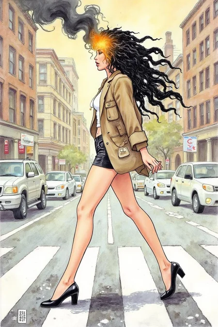 itacomic1 illustration. Fantasy artwork. Profile of a woman with long black hair walking across the street at zebra crossing. Her hair is on fire, with black Smoke coming out of her head.  <lora:itacomic_mima_fl_d4a2e8:1.0><lora:800599633882647326:0>