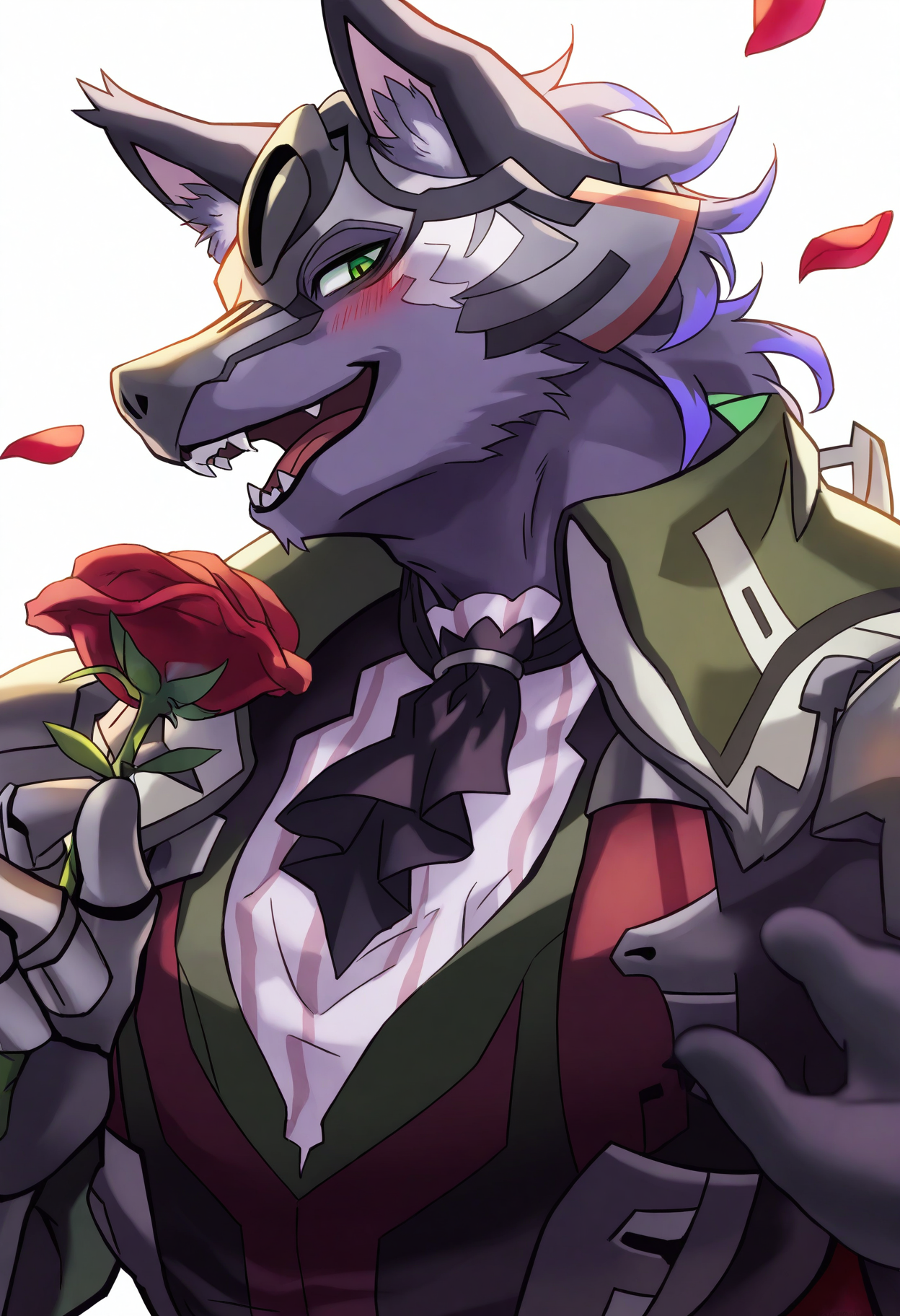 male focus, 1boy, rolf \(world flipper\), 
very awa, furry male, furry, wolf boy, ascot, flower, holding flower, animal ears, blush, looking at viewer, green eyes, petals, wolf ears, bara, solo, upper body, holding, rose, muscular male, red flower, half-closed eyes, simple background, short hair, smile, pectoral cleavage, animal ear fluff, black ascot, teeth, muscular, pectoral, open mouth, white background, fangs, happy,
a vibrant and detailed illustration by the artist hikari (komitiookami), known for their distinctive style. The central figure in the artwork is a character named Ragna from the series "World Flipper. He has striking green eyes and prominent animal ears with fluffy tips, adding to his unique appearance. Ragna's expression is playful and confident, capturing a moment of lightheartedness within the scene.
masterpiece, best quality
 <lora:Rolf_(world_flipper) -NoobXL-000110:1>