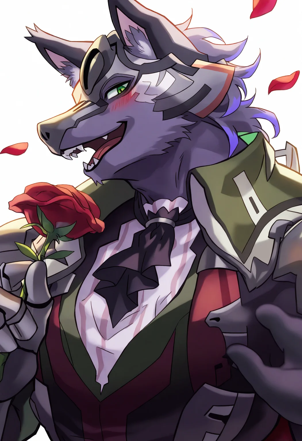male focus, 1boy, rolf \(world flipper\),
very awa, furry male, furry, wolf boy, ascot, flower, holding flower, animal ears, blush, looking at viewer, green eyes, petals, wolf ears, bara, solo, upper body, holding, rose, muscular male, red flower, half-closed eyes, simple background, short hair, smile, pectoral cleavage, animal ear fluff, black ascot, teeth, muscular, pectoral, open mouth, white background, fangs, happy,
a vibrant and detailed illustration by the artist hikari (komitiookami), known for their distinctive style. The central figure in the artwork is a character named Ragna from the series "World Flipper. He has striking green eyes and prominent animal ears with fluffy tips, adding to his unique appearance. Ragna's expression is playful and confident, capturing a moment of lightheartedness within the scene.
masterpiece, best quality
<lora:Rolf_(world_flipper) -NoobXL-000110:1>