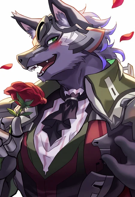 male focus, 1boy, rolf \(world flipper\),
very awa, furry male, furry, wolf boy, ascot, flower, holding flower, animal ears, blush, looking at viewer, green eyes, petals, wolf ears, bara, solo, upper body, holding, rose, muscular male, red flower, half-closed eyes, simple background, short hair, smile, pectoral cleavage, animal ear fluff, black ascot, teeth, muscular, pectoral, open mouth, white background, fangs, happy,
a vibrant and detailed illustration by the artist hikari (komitiookami), known for their distinctive style. The central figure in the artwork is a character named Ragna from the series "World Flipper. He has striking green eyes and prominent animal ears with fluffy tips, adding to his unique appearance. Ragna's expression is playful and confident, capturing a moment of lightheartedness within the scene.
masterpiece, best quality
<lora:Rolf_(world_flipper) -NoobXL-000110:1>