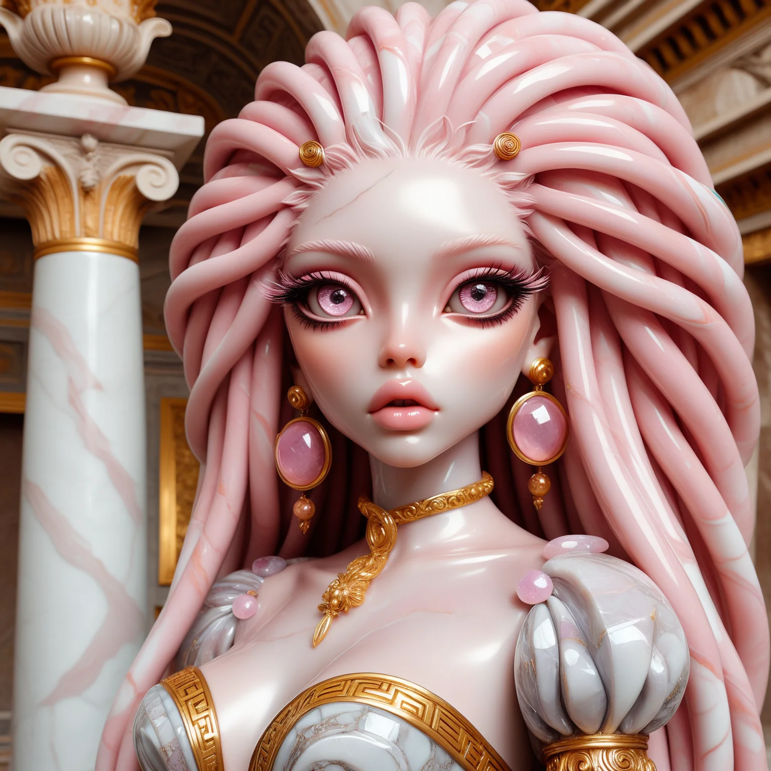 <lora:CrystalStoneD:0.8>full body shot of beautiful quarts statue girl with big detailed eyes and huge lips , glass stone quartz marble skin , a quartz statue girl with big detailed eyes and big lips and long big glass pink white dreadlocks , wearing marble versace fashion , in a ancient rome background , beautiful detailed face , slim body , highly detailed , rococo , digital painting , cg society contest winner, fantasy art , iridescent ,8k , realistic , detailed face , highly detailed ,hyper detailed