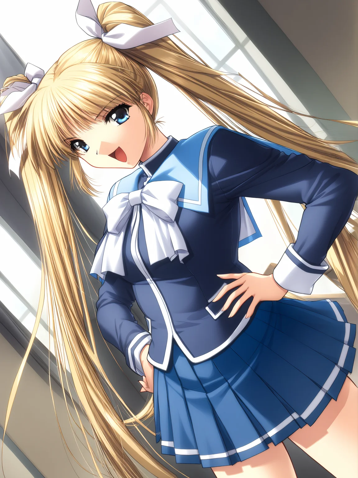 masterpiece, best quality, high quality, aesthetic, absurdres, insanely detailed,
1girl, school uniform, long hair, blonde hair, twintails, hair ribbon, blue eyes, dutch angle, skirt, brown hair, very long hair, long sleeves, hand on hip, smile, open mouth,
<lora:yamamoto-kazue-style-xl_v1.0:1>