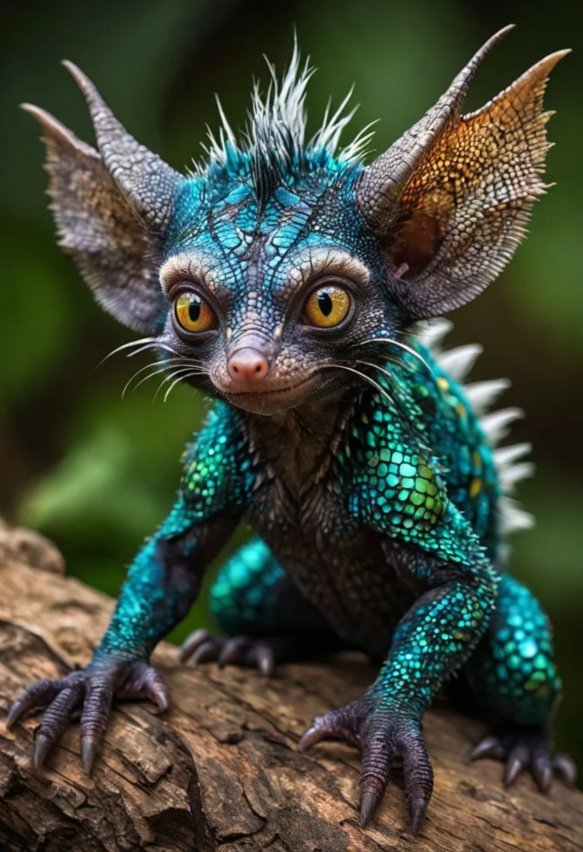 Produce a visually striking, masterpiece of wildlife photograph of a hybrid creature, combining the vibrant, intricate scales of a colorful lizard with the endearing features of a cute aye-aye. The hybrid creature's skin boasts a kaleidoscope of rich, iridescent hues, ranging from deep emerald greens to shimmering sapphire blues, creating a mesmerizing display of color and texture. Its eyes, large and expressive like those of an aye-aye, exude a sense of innocence and curiosity, framed by long, fluffy lashes that add a touch of whimsy to the creature's appearance. The creature's slender fingers, tipped with delicate claws, exhibit a surprising dexterity and grace, while its tail, adorned with intricate patterns reminiscent of exotic reptilian scales, coils elegantly around its body. The vivid contrast between the lizard's reptilian features and the aye-aye's endearing characteristics results in a captivating, one-of-a-kind creature that effortlessly blends beauty and charm.