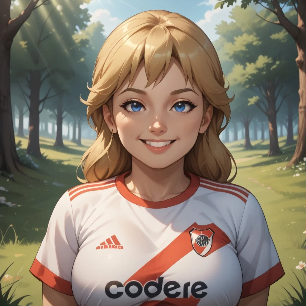 score_9, score_8, BREAK, solo, mii, wii, wii sports, 1girl, female mii, cute, plump, fat, chubby, blonde hair, blue eyes, RiverPlate, striped shirt, striped, shirt, white shirt, short sleeves, clothes writing, sportswear, soccer uniform, Megan_(Wii_Sports), big breasts, (((adult female, mature female))), sexy pose, self portrait, smile, outdoors, sunlight, shadows, evening lighting, natural lighting, forest, trees, grass, orange sky, sunset