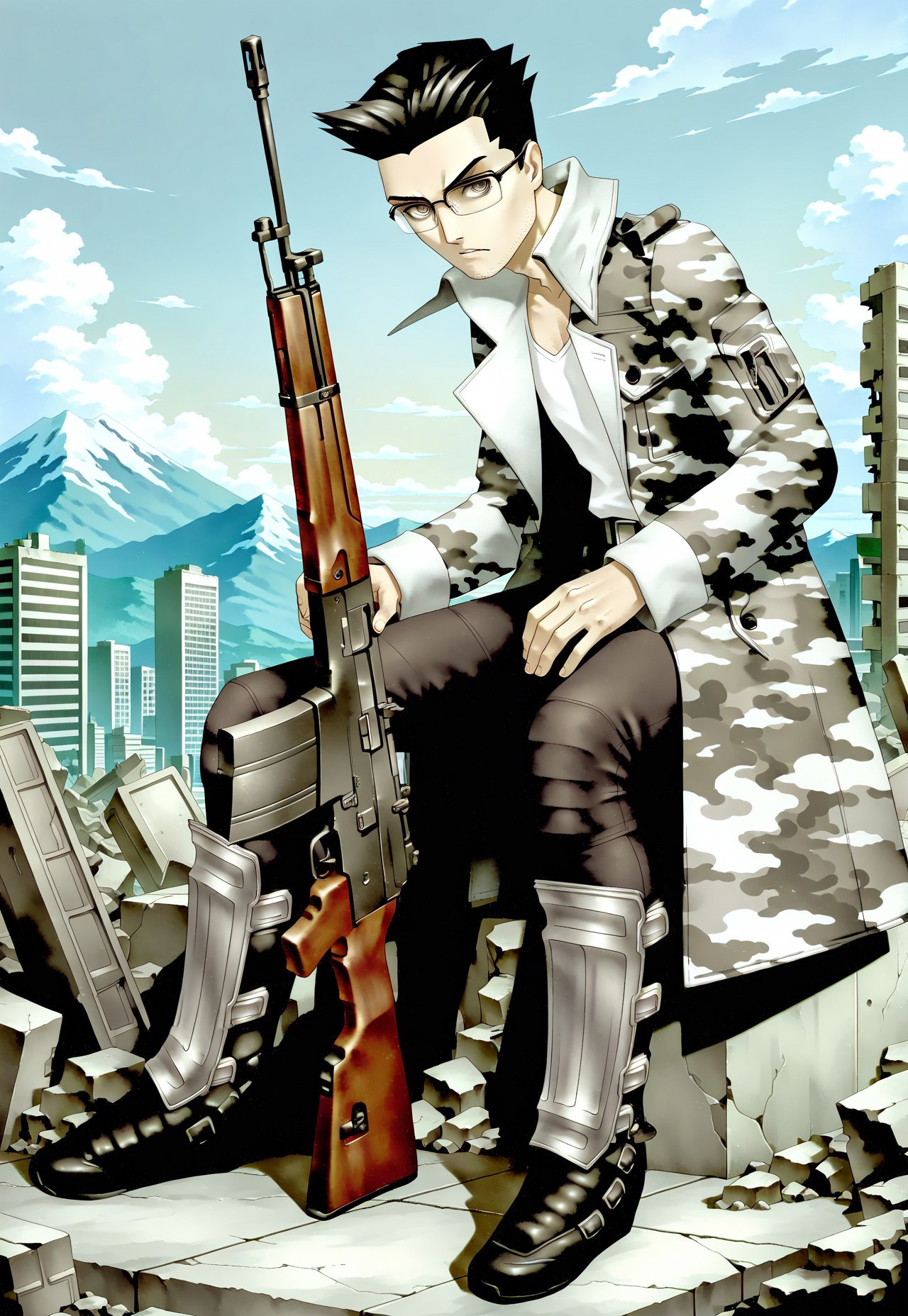 masterpiece, best quality, amazing quality, very aesthetic, absurdres, newest, chaoshsmtilxl sat on a mountain of rubble holding a rifle, 1boy, male focus, black hair, raised hair, hair slicked back, widow's peak, white shirt, gray camouflage coat, black eyes, black pants, greaves, glasses, belt, looking at viewer, holding rifle, sitting, sat down, rubble, post-apocalyptic, dystopian, dramatic, ruined city backdrop, gray skies, camouflaged sleeves