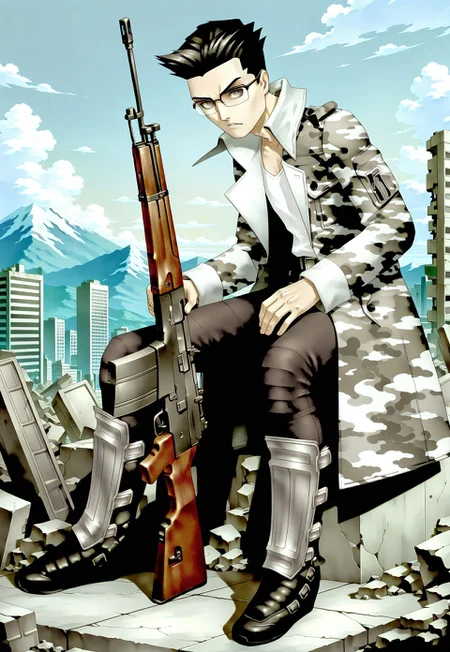 masterpiece, best quality, amazing quality, very aesthetic, absurdres, newest, chaoshsmtilxl sat on a mountain of rubble holding a rifle, 1boy, male focus, black hair, raised hair, hair slicked back, widow's peak, white shirt, gray camouflage coat, black eyes, black pants, greaves, glasses, belt, looking at viewer, holding rifle, sitting, sat down, rubble, post-apocalyptic, dystopian, dramatic, ruined city backdrop, gray skies, camouflaged sleeves