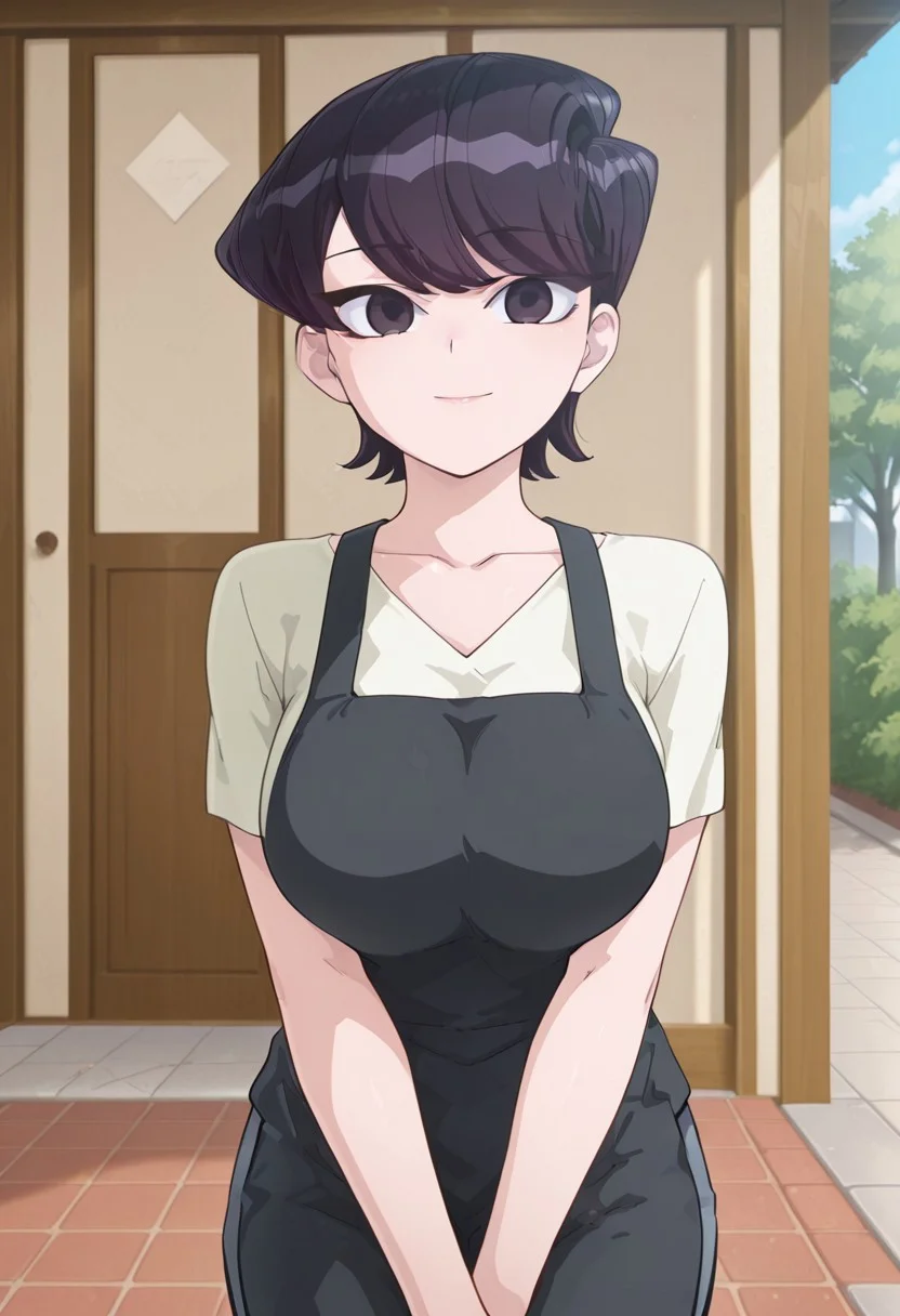 very_aesthetic, best_quality ,high_resolusion, 8K,crisp quality, ultra detailed,anime cloring,
,perfect_eyes,Erotic_style,
1woman,solo,straight-on, cowboy shot, looking at viewer,smile,outdoor,
Shuuko Komi,huge_breasts, black_hair, short hair, black eyes, milf,apron,shirt,pants,