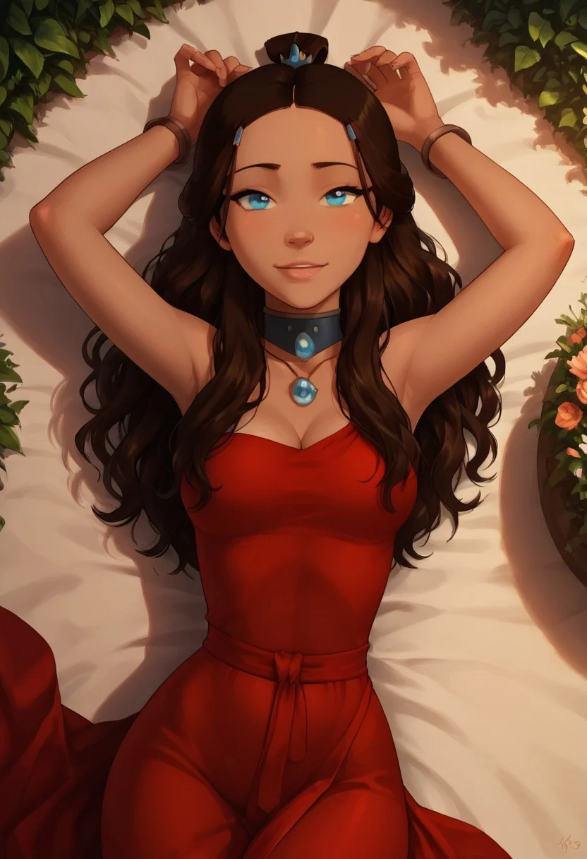 masterpiece,best quality, highly detailed, (score_9, score_8_up, score_7_up), summer, Katara\(last airbender), perfect blue eyes, perfect face, looking at viewer, beautiful, slight smile, stunning, adult, beautiful, red dress, long hair, curly hair, necklace, medium breasts, cleavage, lying, flowers, tight body, curves, wide hips, slim waist, candid picture, vibrant lighting, high contrast, dramatic shadows, highly detailed, high angle, view from above, detailed skin