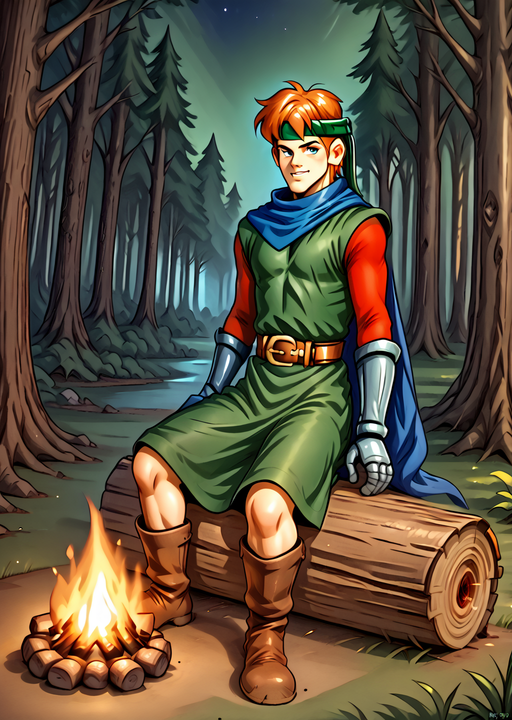 MaxSF, male focus, headband, solo, tunic, boots, gloves, gauntlet, forest, cape, sitting on log, night, campfire, from the front, looking at viewer, <lora:Max-000005:1>