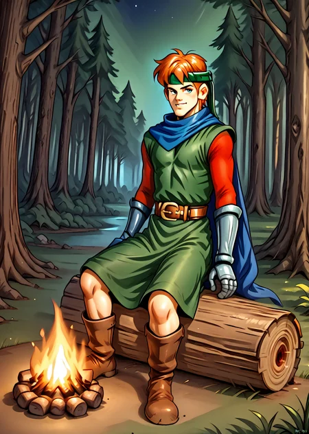 MaxSF, male focus, headband, solo, tunic, boots, gloves, gauntlet, forest, cape, sitting on log, night, campfire, from the front, looking at viewer, <lora:Max-000005:1>