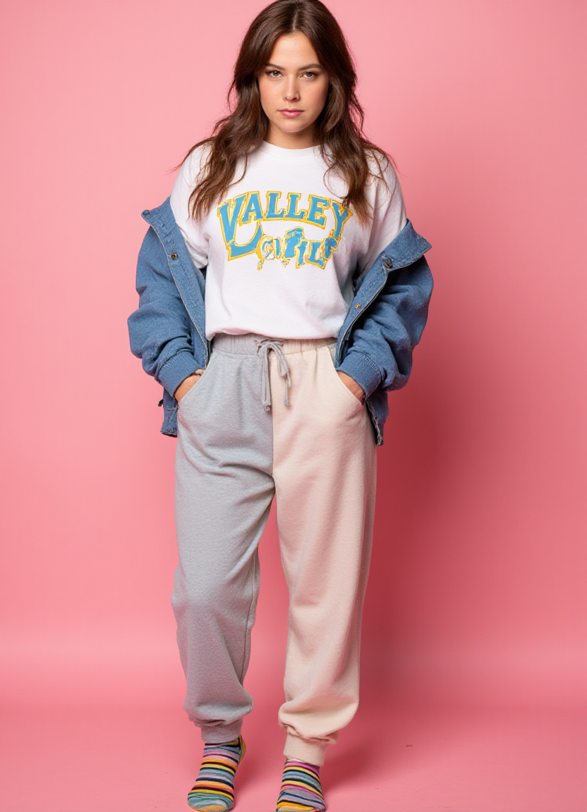 SFW, The image is a portrait of a woman posing in front of a pink background. She is wearing a white sweatshirt with the words "Valley Girl" written in blue and yellow letters across the chest. She has long baggy sweatpants in multiple colors covering her legs. The sweatshirt has a graphic design on the front and a blue denim jacket over it. She has e hair styled in loose waves and is wearing colorful striped socks. The woman is standing with her hands in her pockets and is looking directly at the camera with a serious expression., aidmaimageupgrader<lora:flux\custom\celebrity\lisa-synder.safetensors:1.0:1.0> <lora:turbo-8-step-flux.safetensors:0.5:0.5> <lora:flux\style\Common\aidmaImageUprader-FLUX-v0.3.safetensors:0.25:0.25>