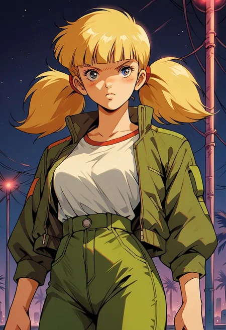 score_9, score_8_up, score_7_up, score_6_up, score_5_up, score_4_up, source_manga, rating_questionable, 1girl, penny \(inspector gadget\), human, cyberpunk, punk, breasts, undercut, blonde hair, pigtails, blue eyes, jacket, 
shirt, stripe, green pants, cowboy shot, night, neon, vaporwave, retro artstyle, tv still,
