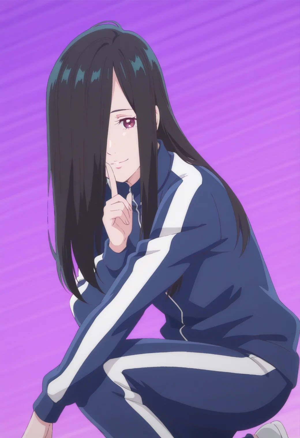 anime screencap, anime coloring, 1girl, solo, <lora:DX888AoiIL:1>kamimachi aoi, red eyes, black hair, long hair, hair over one eye, hair down, track suit, BREAK simple background, purple background, striped background, BREAK dutch angle, from side, dynamic pose, posing, smile, crossed fingers, on one knee,