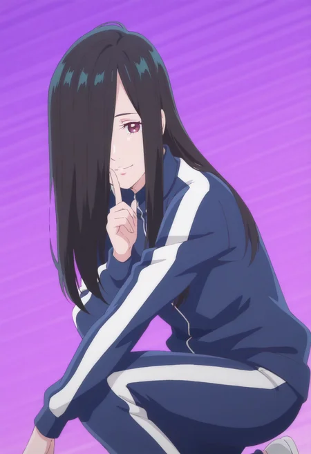anime screencap, anime coloring, 1girl,  solo,   <lora:DX888AoiIL:1>kamimachi aoi, red eyes,  black hair, long hair, hair over one eye, hair down, track suit,   BREAK simple background,  purple background, striped background, BREAK dutch angle,  from side, dynamic pose, posing,  smile,   crossed fingers, on one knee,