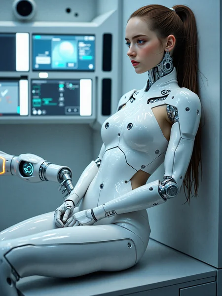 photorealistic depiction of a female cyborg in a pristine, high-tech laboratory, surrounded by futuristic equipment and glowing monitors displaying complex data. She is in the process of having her mechanical components examined or upgraded, with robotic arms and tools delicately interacting with her. Her serene expression and calm demeanor contrast with the precision and complexity of the machinery around her. Focus on the detailed mechanical components of her body, the clinical, high-tech environment, and the subtle interplay of human and machine elements.
a subtle, integrated communication system in her head or neck, with tiny speakers and microphones for direct interaction.a form-fitting, adaptive fabric bodysuit that covers parts of her body, adjusting its texture and rigidity based on her needs.Introduce subtle, bioluminescent vein-like structures that run through her mechanical components, pulsing gently with a soft glow.Integrate glowing, circuitry-like patterns onto her metallic parts, that light up and pulse.
Sitting with her back against a wall, knees drawn up to her chest, arms wrapped around her legs, expression contemplative.