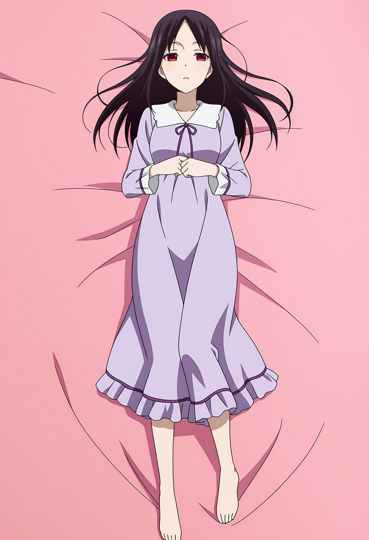 <lora:Kaguya SHINOMIYA_illustrious-000010:1>,1girl,Kaguya SHINOMIYA,
solo,barefoot,nightgown,lying,on back,pajamas,dress,anime screencap,purple dress,pink background,hair down,long hair,