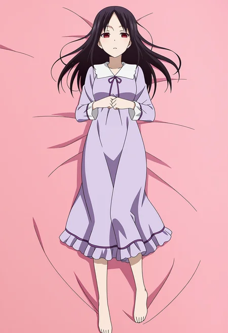 <lora:Kaguya SHINOMIYA_illustrious-000010:1>,1girl,Kaguya SHINOMIYA,
solo,barefoot,nightgown,lying,on back,pajamas,dress,anime screencap,purple dress,pink background,hair down,long hair,