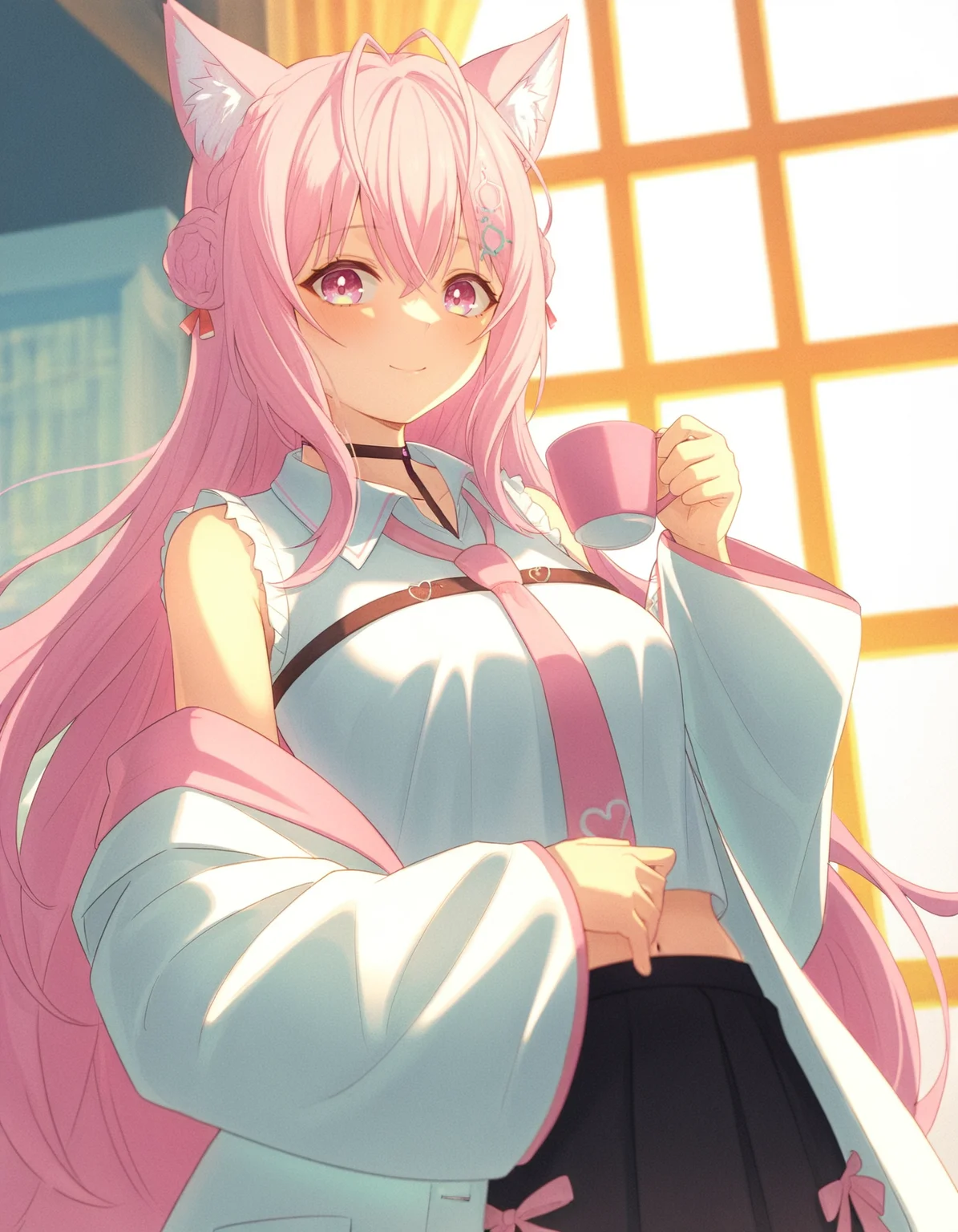 quragenomiken, 1girl, solo, long hair, breasts, looking at viewer, blush, smile, shirt, skirt, long sleeves, hair ornament, holding, animal ears, hair between eyes, closed mouth, medium breasts, white shirt, pink hair, braid, pleated skirt, necktie, sleeveless, collared shirt, choker, virtual youtuber, indoors, black skirt, pink eyes, wide sleeves, off shoulder, hair bun, coat, animal ear fluff, cup, book, sleeveless shirt, window, black choker, wolf ears, antenna hair, holding cup, open coat, white coat, mug, lab coat, crown braid, midriff peek, braided bun, book stack, hand on own stomach, pink necktie, test tube, hexagon hair ornament, hakui koyori, hakui koyori \(1st costume\), <lora:quragenomiken:0.7>, film grain
